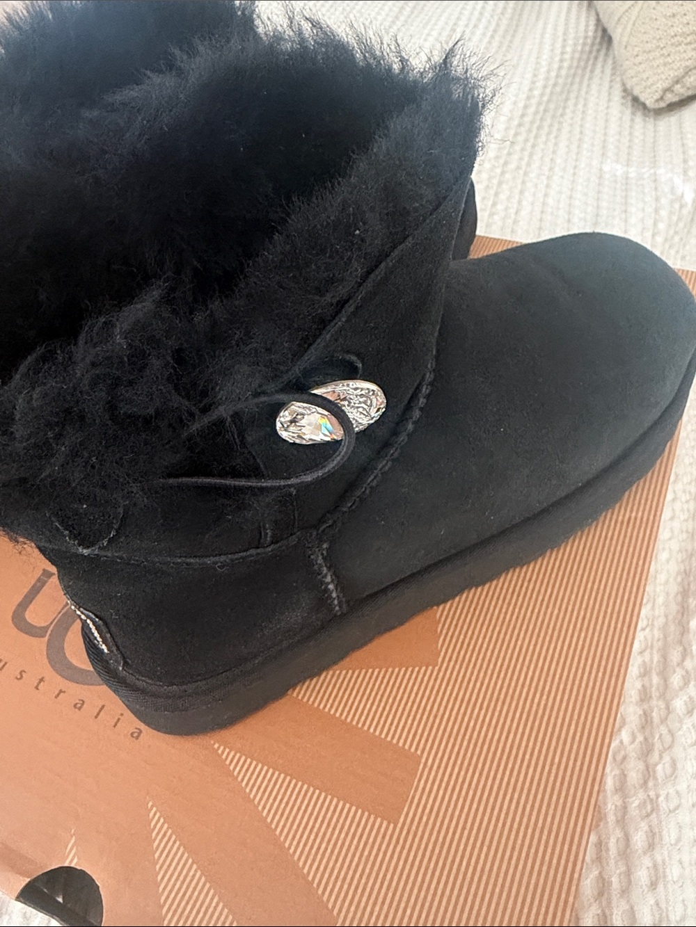 UGG Black Shearling Short Boot with Crystal Button Accent